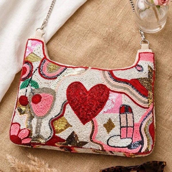 Heart and Lipstick Beaded Shoulder Bag