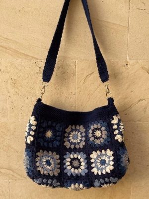 Navy Crochet Granny Square Shoulder Bag