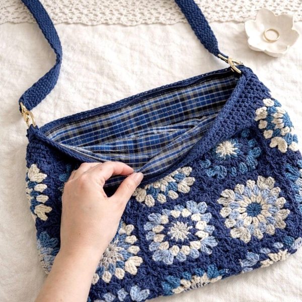 Navy Crochet Granny Square Shoulder Bag