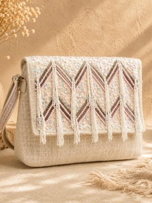 Beige Beaded Fringe Crossbody Bag