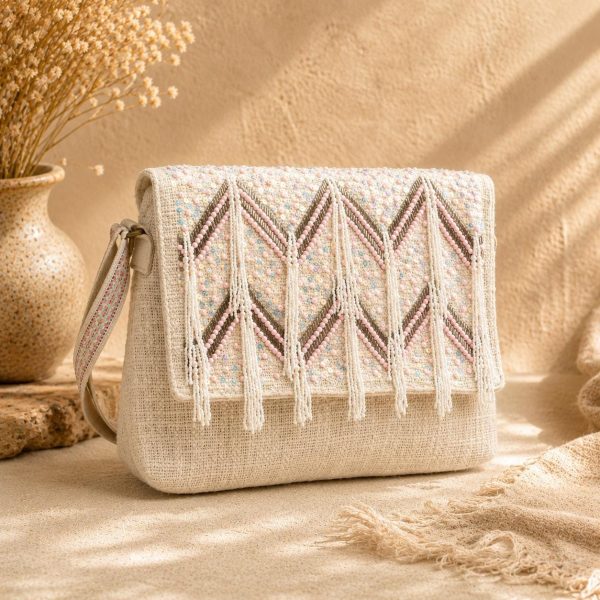 Beige Beaded Fringe Crossbody Bag