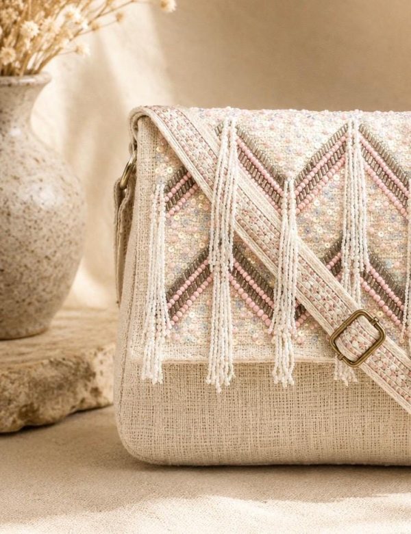 Beige Beaded Fringe Crossbody Bag