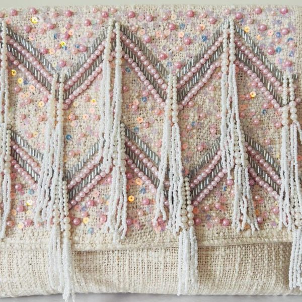 Beige Beaded Fringe Crossbody Bag
