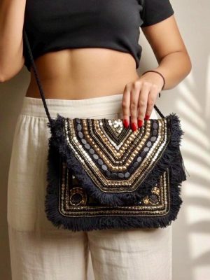 Black Beaded Fringe Shoulder Bag