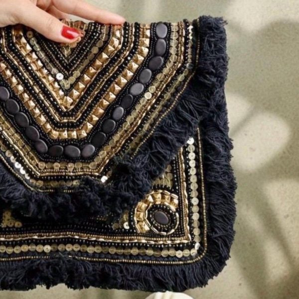 Black Beaded Fringe Shoulder Bag