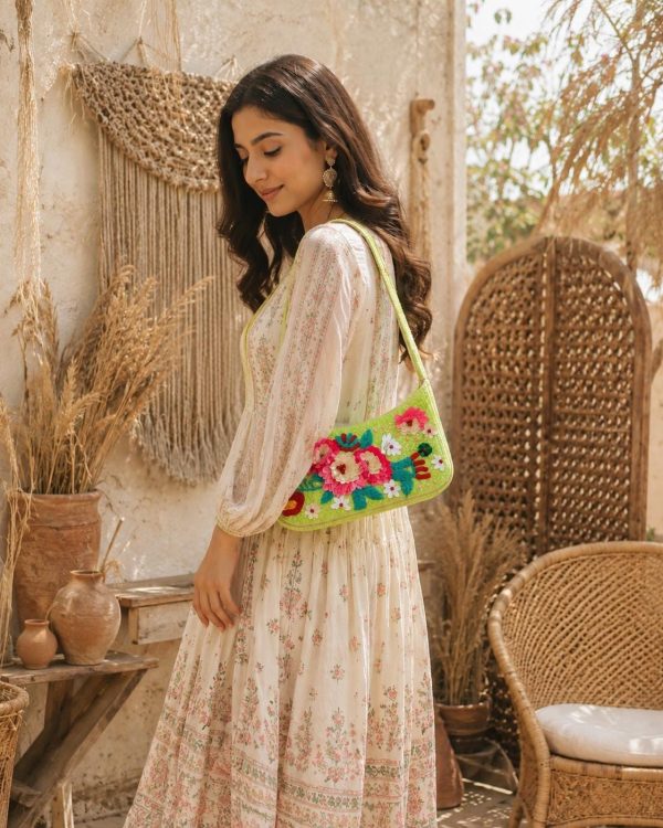 Green Floral Beaded Shoulder Bag