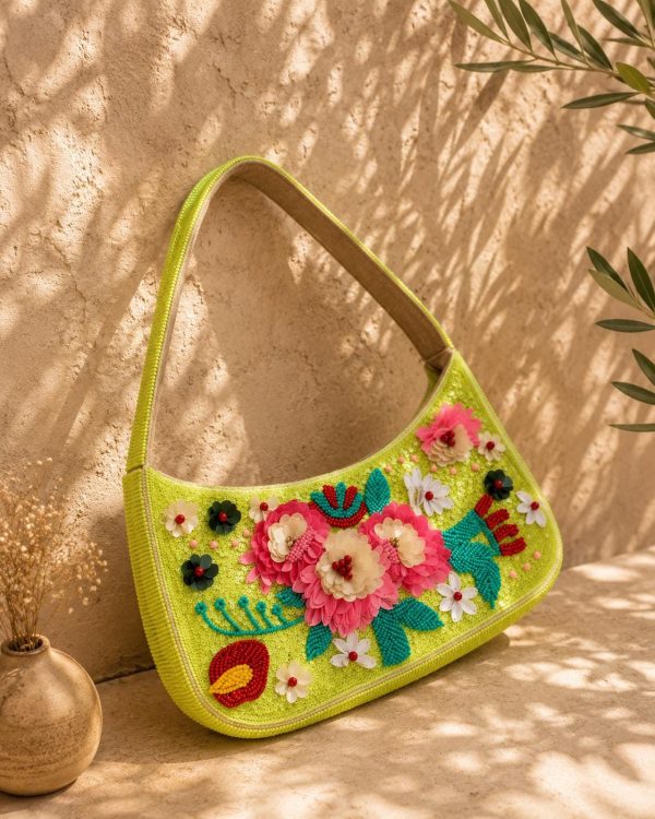 Green Floral Beaded Shoulder Bag