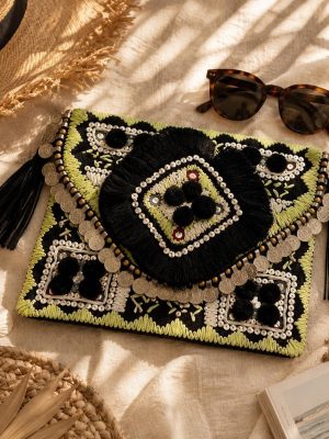 Black Embroidered Tassel Clutch Bag