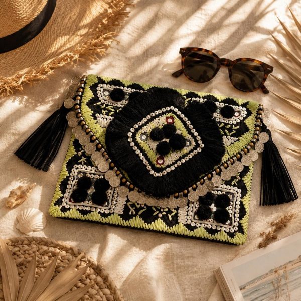 Black Embroidered Tassel Clutch Bag