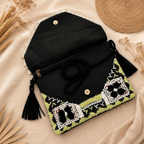 Black Embroidered Tassel Clutch Bag