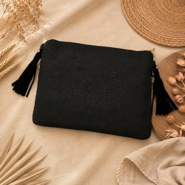 Black Embroidered Tassel Clutch Bag