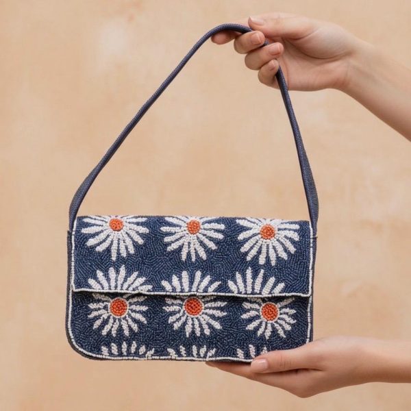 Navy Daisy Beaded Shoulder Bag