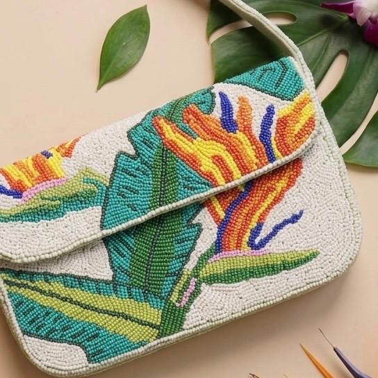 Tropical Floral Beaded Shoulder Bag