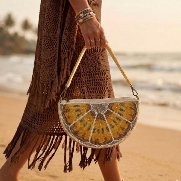 Yellow Citrus Beaded Wristlet Bag
