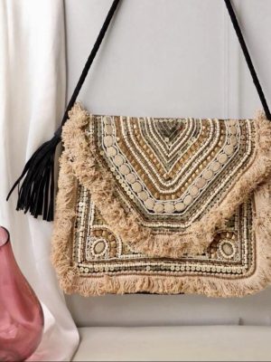 Beige Beaded Fringe Shoulder Bag