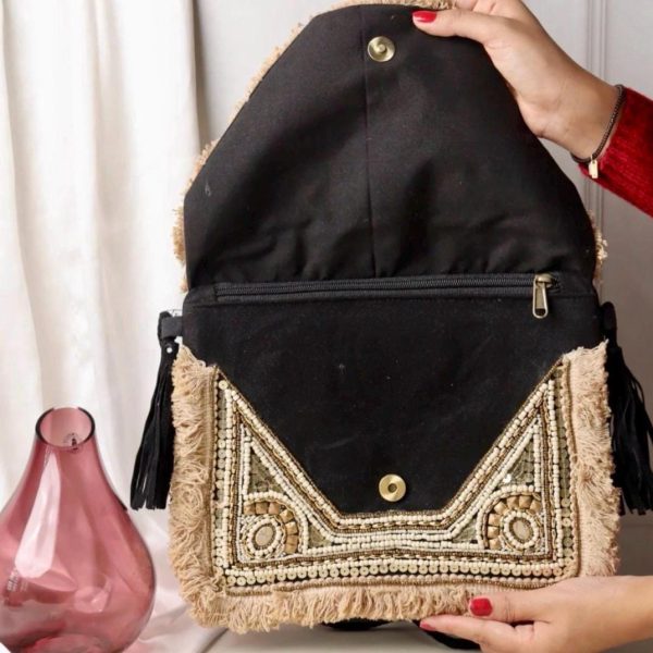 Beige Beaded Fringe Shoulder Bag